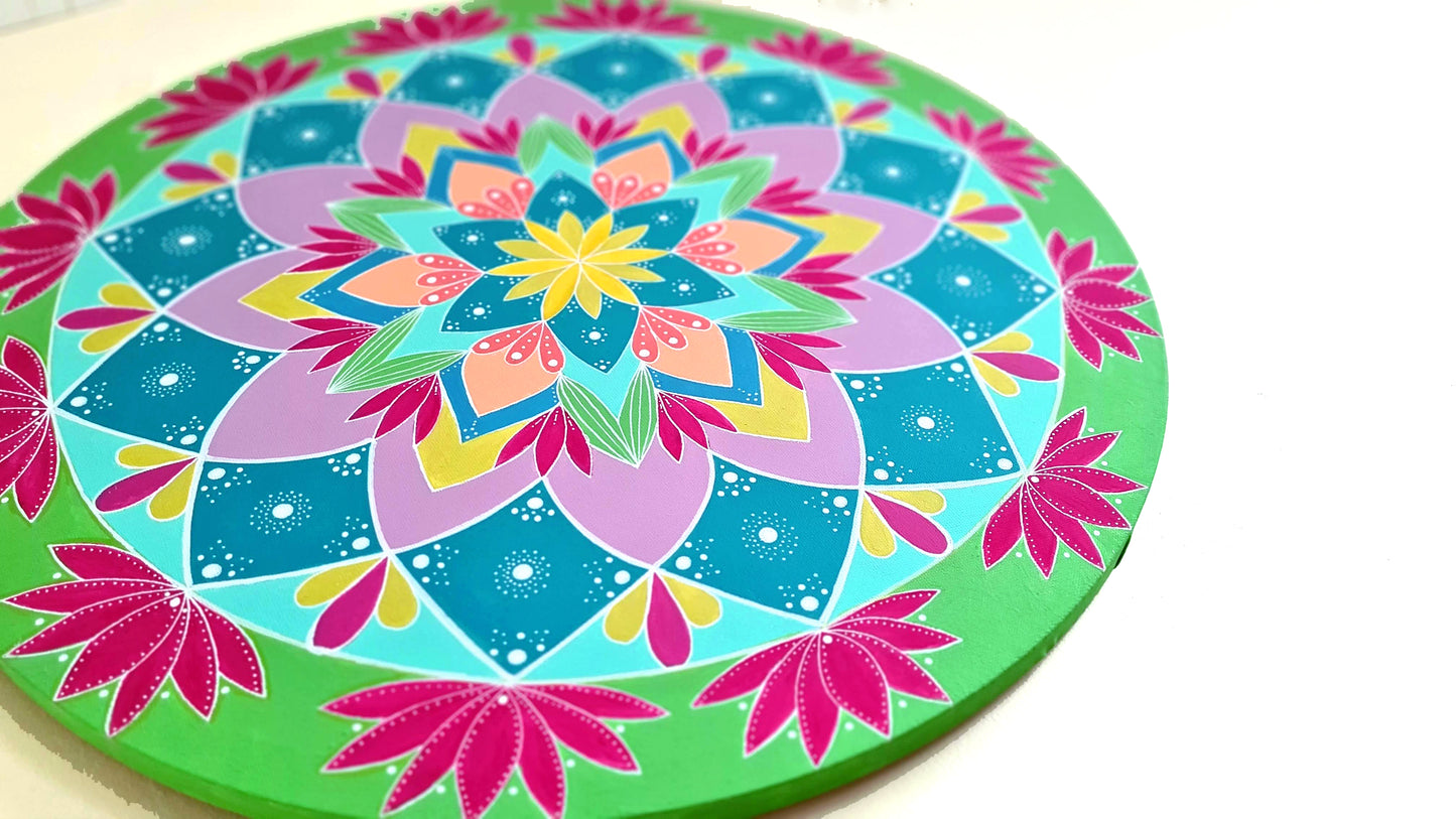 Radiant Lotus – 60cm Sacred Mandala Circle Canvas with Mirror Accents