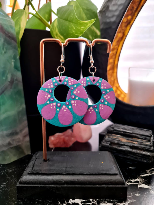 Hand-Painted Purple Aqua Wood Earrings