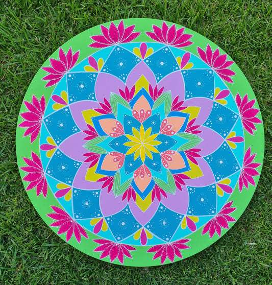 Radiant Lotus – 60cm Sacred Mandala Circle Canvas with Mirror Accents