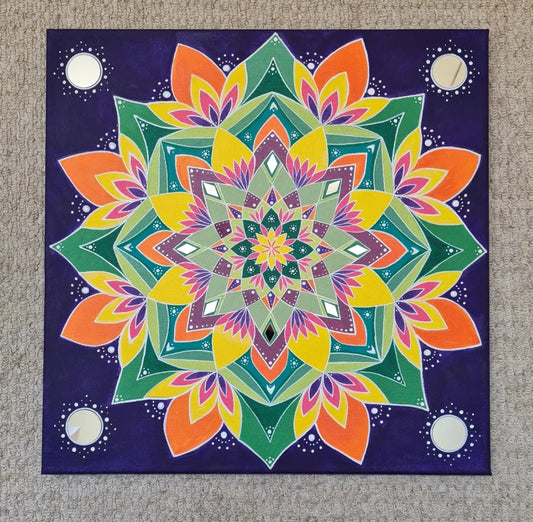 Celestial Bloom – 40cm Sacred Mandala Canvas with Mirror Accents